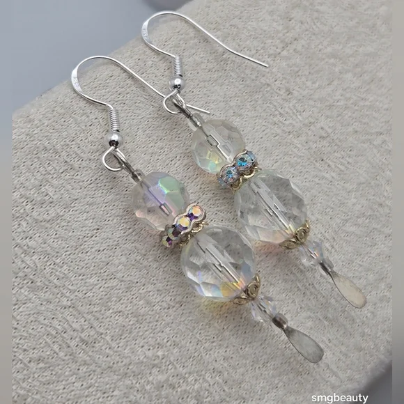 Handmade Sterling Silver AB Crystal Christmas Earrings 2” Swarovski Style - Picture 7 of 8